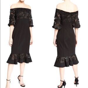 NWT Aidan Mattox black off the shoulders mermaid cocktail evening midi dress 0